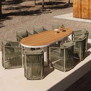 Conjunto De Mesa Oval Taneli, 260x110 Cm, Feito De Alumínio E Madeira De Teca, E 8 Cadeiras De Jardim Sophie, Feitas De Alumínio Verde Exército -