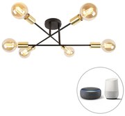 LED Candeeiro de teto inteligente preto com dourado 6 luzes incl. Wifi G95 - Sydney Industrial