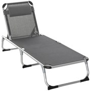 Outsunny Espreguiçadeira de Praia Dobrável Jardim Apoio Cabeça Removível Encosto Ajustável 4 Posições 170x60x76 cm Cinza | Aosom Portugal