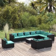 11 pcs conjunto lounge de jardim c/ almofadões vime PE preto