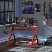 Mesa de Gaming com LED RGB Secretária de Computador com Porta Copos Gancho para Fone de Ouvido Suporte para Controle Gamepad e Luz com Controle Remoto