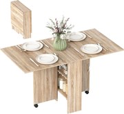 HOMCOM Mesa de Sala de Jantar Dobrável Mesa de Madeira com 2 Prateleiras de Armazenamento e Rodas para Cozinha 75x140x74 cm Madeira | Aosom Portugal