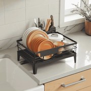 Escorredor de pratos com tabuleiro 31 x 42 x 18,5 cm, escoamento giratório, suporte para talheres preto