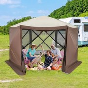 Tenda Pop-up de 6 lados 350 x 350 x 236 cm com paredes de rede 2 painéis laterais amovíveis Castanho