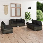 6 pcs conjunto lounge de jardim c/ almofadões vime PE cinzento