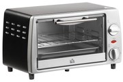 HOMCOM Mini Forno Elétrico de 10 Litros 750W com Temperatura até 230 °C Temporizador 60 Minutos Bandeja e Grade 36,5x26x22cm Preto e Prata