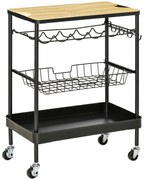 HOMCOM Carrinho Cozinha com Rodas 60,5x35,5x75cm Carrinho de Cozinha Multiuso com Suporte para Garrafas Cesta Preto e Carvalho | Aosom Portugal
