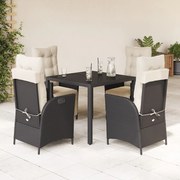 vidaXL 5 pcs conjunto de jantar p/ jardim c/ almofadões vime PE preto
