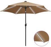 vidaXL Guarda-sol c/ luzes LED/poste alumínio 300 cm cinza-acastanhado