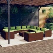 14 pcs conjunto lounge de jardim c/ almofadões vime PE castanho