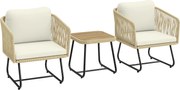 Outsunny Conjunto Bistro de Rattan 3 peças FSC Mobiliário de Jardim com 2 Poltronas, Mesa Ripada em Madeira, Almofadas Grossas Laváveis Estrutura em Aço | Aosom Portugal
