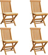vidaXL Cadeiras de jardim c/ almofadões creme 4 pcs teca maciça