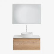 Conjunto De Móvel De Casa De Banho Suspenso 80x50 Cm Em Madeira De Freixo Tedrik Castanho Fresno & Cerâmica Redonda Branca Ø40 Cm - Sklum