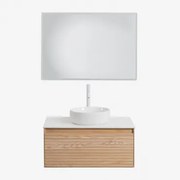 Conjunto De Móvel De Casa De Banho Suspenso Em Madeira De Freixo Tedrik Castanho Fresno & Cerâmica Redonda Branca Ø40 Cm Lenka & - Sklum