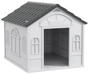PawHut Casa para Cães 65x75,7x63 cm Casa para Cães com Janelas e Teto com Telhas de Imitação para Cães Médios Cinza e Branco