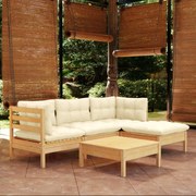 vidaXL 5 pcs conjunto lounge jardim c/ almofadões cor creme pinho