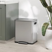 Caixote do lixo de cozinha com 2 compartimentos de 2 x 15 L, com pedal, em aço inoxidável, com tampa de fecho suave prateado