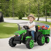 Trator elétrico para crianças 24V com faróis LED RGB Música Porta USB Reboque removível e controle remoto Verde