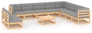 11 pcs conjunto lounge de jardim c/ almofadões pinho maciço