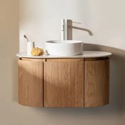 Conjunto De Móvel De Casa De Banho Suspenso 90x50 Cm Em Madeira Carsone Madeira Natural & Sem Unidade Auxiliar & Cerâmica Redonda Branca - Sklum
