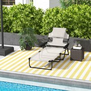 Espreguiçadeira Dobrável de Jardim com Encosto Ajustável em 4 Níveis Orifício de Leitura e Almofada 194x72x31 cm Creme