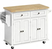 HOMCOM Ilha de Cozinha com Rodas 2 Gavetas 4 Portas Suporte para Temperos e Barra Lateral 111x44,5x82,5cm Branco e Madeira | Aosom Portugal