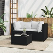 3 pcs conjunto lounge de jardim c/ almofadões vime PE preto