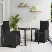 vidaXL Conjunto de Jantar para Jardim com almofada 3 pcs Preto vime PE