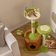 Arranhador para gatos para gatos com tronco, poleiro em forma de flor, cama, pompons, postes e painel para arranhar, verde e castanho