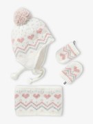 Agora -30%: Conjunto de gorro + gola snood + luvas em malha jacquard, para menina cru