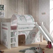 Conjunto Cama alta de Criança PINO 90 x 200 cm + estrado + escada + escorrega + cortina + túnel Pássaros branca