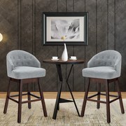 Conjunto de 2 bancos de bar giratórios com pernas de madeira de borracha encosto almofadado tecido de linho e rebite 55 x 53 x 105 cm Cinzento