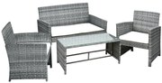 Outsunny Conjunto Móveis de Jardim de Vime Conjunto de 4 Peças Incluindo 1 Sofá de 2 Lugares 2 Poltronas e 1 Mesa de Centro Cinza