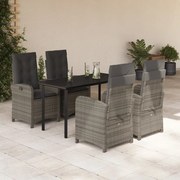 5 pcs conjunto de jantar p/ jardim c/ almofadões vime PE cinza