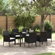 vidaXL Conjunto de Jantar para Jardim com almofada 7 pcs Preto vime PE