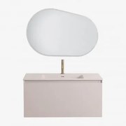 Conjunto De Móvel De Casa De Banho Suspenso Em Madeira Com Lavatório Integrado Macrae Crema Linho & Oval Led E Anti-embaciamento 100x80 Cm - Sklum
