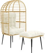 Outsunny Poltrona de jardim com pufe PE-Rattan em formato de ovo Poltrona de vime com almofadas longas &amp; grossas Estrutura metálica Bege | Aosom Portugal