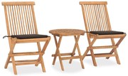 3 pcs conj. jantar dobrável exterior c/ almofadão teca maciça