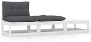 3 pcs conjunto lounge jardim c/ almofadões pinho maciço branco