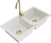 Mexen Mario lava-louça de granito 2-cubas com torneira de cozinha Telma, branco - 6504-20-670200-50