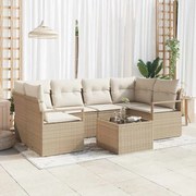 Conjunto de Sofá de Jardim de 7 Peças com Almofadas Bege Rattan Polivinílico
