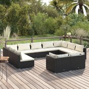 11 pcs conjunto lounge de jardim c/ almofadões vime PE preto