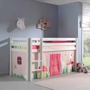 Conjunto Cama alta de Criança PINO 90 x 200 cm + estrado + escada + cortina Primavera Branca