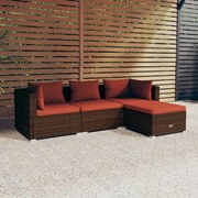 vidaXL 4 pcs conjunto lounge jardim c/ almofadões vime PE castanho