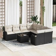vidaXL Conjunto de sofá de jardim de 9 peças da com almofadas pretas de polirrattan