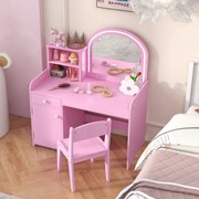 Conjunto de Toucador e cadeira para crianças com prateleira, gaveta e porta Luzes LED de 2 cores Espelho acrílico e pente rosa