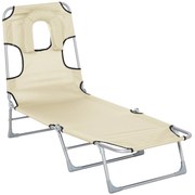 Outsunny Espreguiçadeira de Jardim Reclinável e Dobrável com Orifício de Leitura Apoio para Cabeça e Encosto Ajustável em 4 Níveis para Praia 182x56x24,5 cm Bege