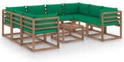 9 pcs conjunto lounge para jardim com almofadões verdes