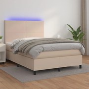 Cama box spring c/colchão/LED 140x200cm couro artif. cappuccino