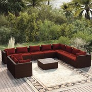 11 pcs conjunto lounge jardim c/ almofadões vime PE castanho